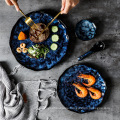 Porcelain Blue Reactive Glazed Dinnerware set  Dish Ceramic Plate and bowl Handmade party tableware & table decorations